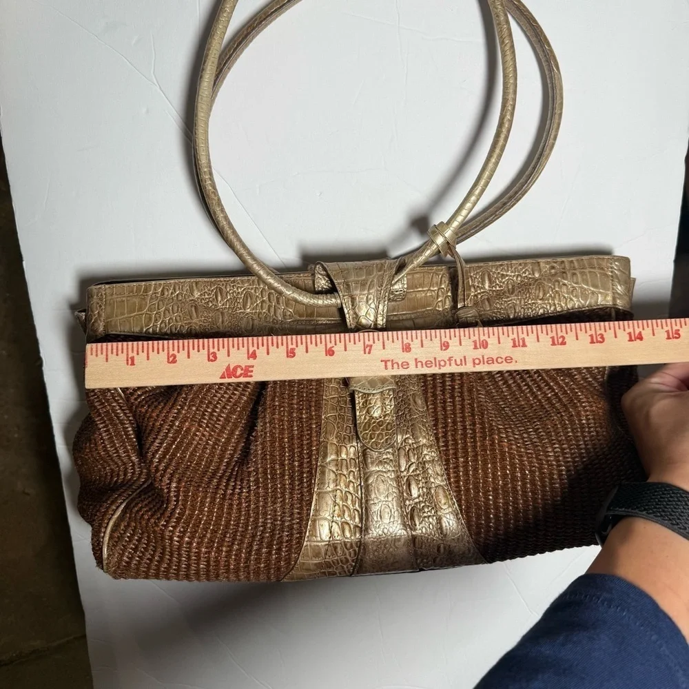 Brahmin Straw Satchel Bag Gold Crocodile Leather Brown Croc Shimmer